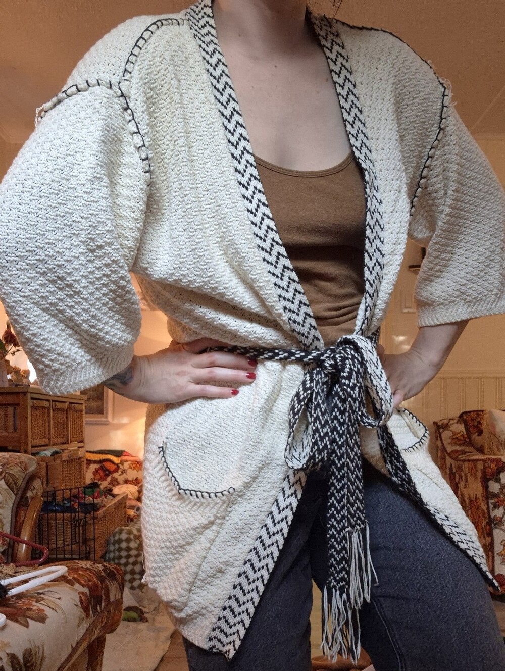 Forever 21 Cream Open-Weave Cardigan with Black Trim and Belt
